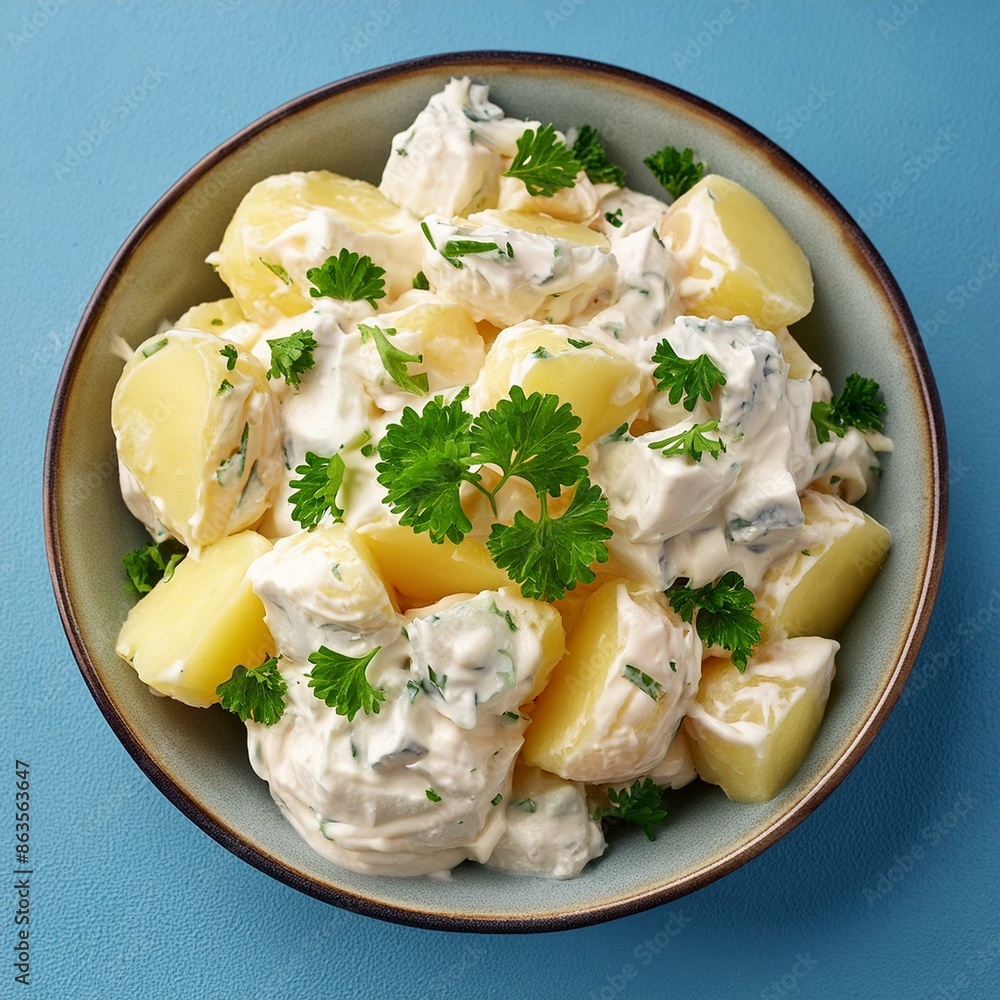 Fresh homemade creamy potato salad on blue background Fresh homemade creamy potato salad on blue background
