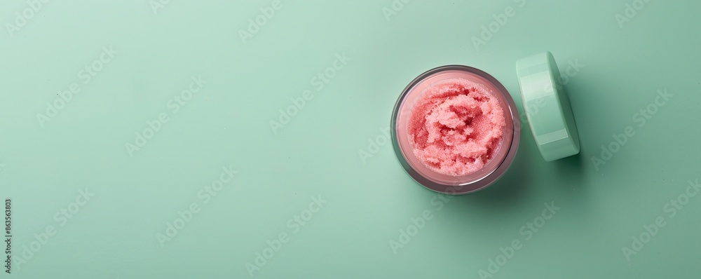 Glossy lip scrub jar on a fresh green background, highlighting smooth and soft lips Glossy lip scrub jar on a fresh green background, highlighting smooth and soft lips