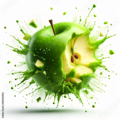 Explosive Freshness: Green Apple Burst on White Background
