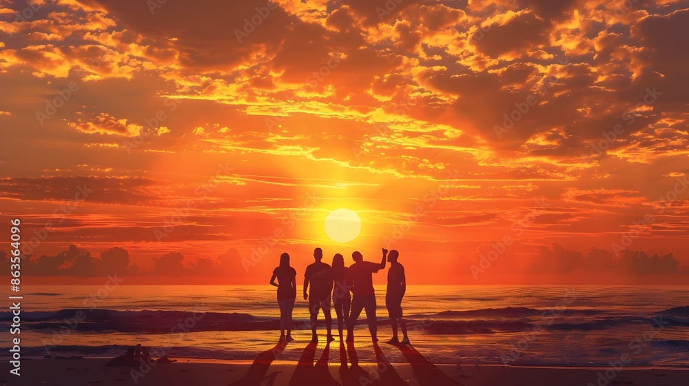 Fototapeta premium Silhouetted group of friends standing together and enjoying the vibrant colorful sunset at a scenic beachside location during a summer vacation or leisure getaway