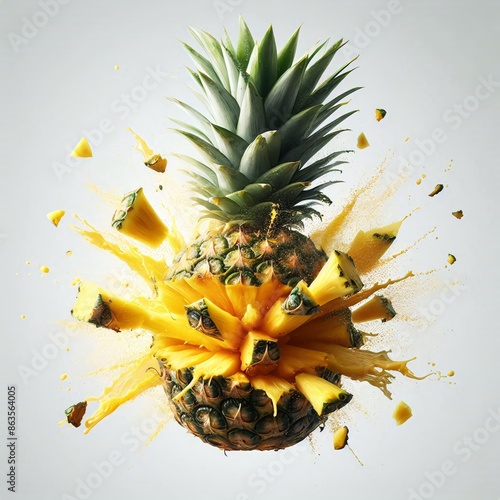 Explosive Freshness: Pineapple Burst on White Background
