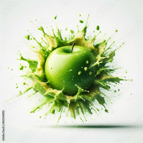 Explosive Freshness: Green Apple Burst on White Background