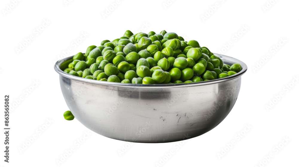 Frozen green peas in a metal bowl on transparent background Frozen green peas in a metal bowl on transparent background
