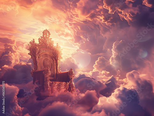 A majestic throne with clouds surrounding, illuminated by a divine light, creating a surreal and majestic atmosphere. photo