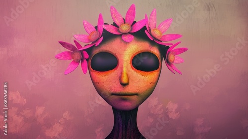 Wallpaper Mural Surreal figure with a flower crown set against a dreamy violet background during twilight Torontodigital.ca