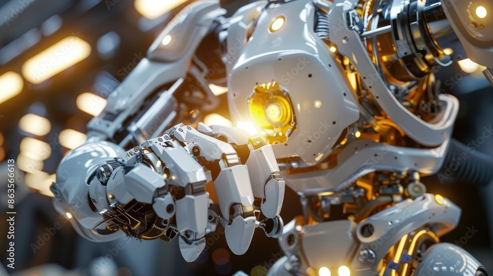 Advanced AI Robot with glowing details operating in a high-tech factory. Concept of automation, artificial intelligence, and future technology. Advanced AI Robot with glowing details operating in a high-tech factory. Concept of automation, artificial intelligence, and future technology.