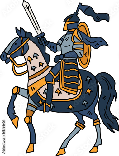 A knight on horseback is riding with a sword in his hand