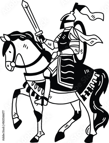 A knight on horseback is riding with a sword in his hand