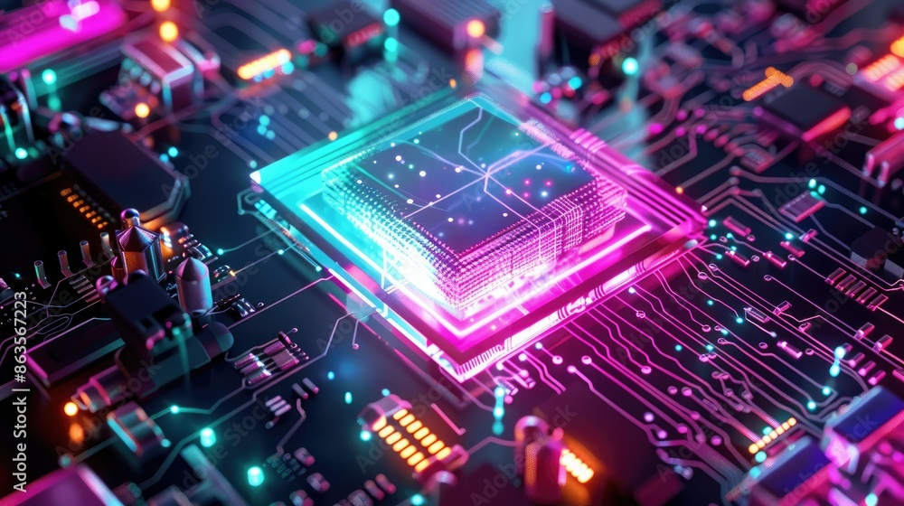 Close-up of a futuristic CPU with neon lights on a circuit board, representing AI, computing, and technology. Close-up of a futuristic CPU with neon lights on a circuit board, representing AI, computing, and technology.