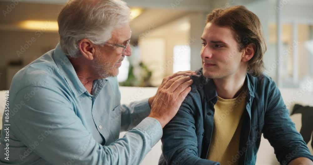 Advice, love or support with father and son on sofa in living room of home together for bonding. Grief, pain or sad with old man talking to teenager in apartment for empathy, help or trust as family