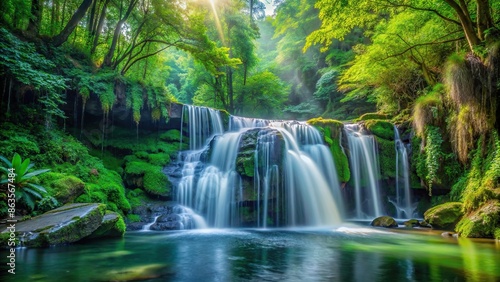 A peaceful waterfall cascading in a lush forest setting, waterfall, forest, nature, tranquil, serene, scenery