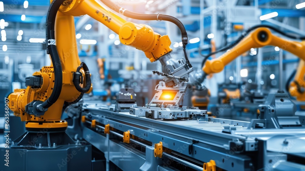 Robotic arms working together on a production line in a modern factory. Concepts. Automation, industry 4.0, manufacturing, technology, and innovation. Robotic arms working together on a production line in a modern factory. Concepts. Automation, industry 4.0, manufacturing, technology, and innovation.