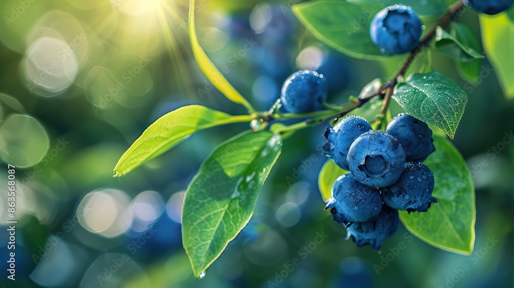 Fresh blueberries growing on bush with green leaves and morning sunlight Fresh blueberries growing on bush with green leaves and morning sunlight