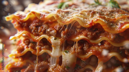 Piece of tasty hot lasagna ,close-up. photo