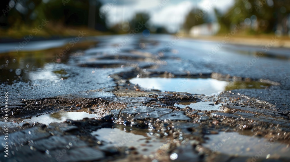 Fototapeta premium The wet asphalt road is filled with water filled potholes