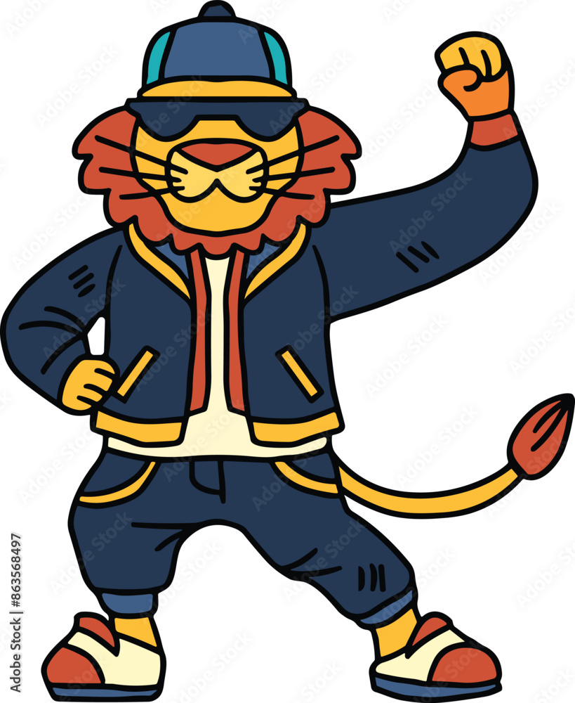 A cartoon lion is wearing a hat and a jacket A cartoon lion is wearing a hat and a jacket