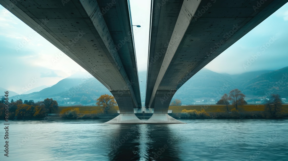 Imposing concrete bridge structure over a wide river, showcasing modern engineering and architecture against a scenic landscape background. Imposing concrete bridge structure over a wide river, showcasing modern engineering and architecture against a scenic landscape background.