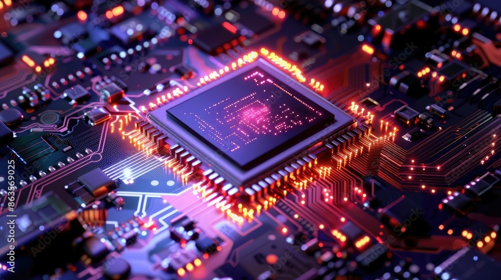 Glowing CPU Chip on Circuit Board. Technology, Computing, and Innovation Glowing CPU Chip on Circuit Board. Technology, Computing, and Innovation