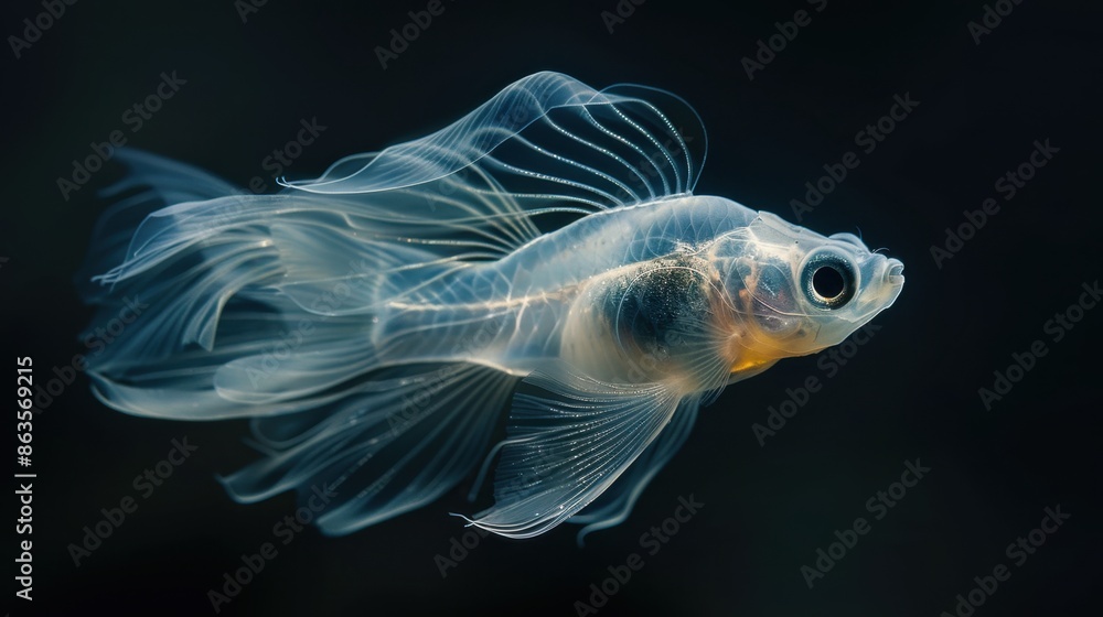 A barreleye fish swims in the dark depths of the ocean, its transparent head and tubular eyes capturing the eerie essence of the abyss. A barreleye fish swims in the dark depths of the ocean, its transparent head and tubular eyes capturing the eerie essence of the abyss.