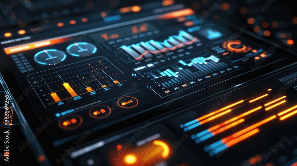 Futuristic digital interface with data visualization and graphs. Abstract technology background. Concept of digital transformation, artificial intelligence, and data analytics. Futuristic digital interface with data visualization and graphs. Abstract technology background. Concept of digital transformation, artificial intelligence, and data analytics.