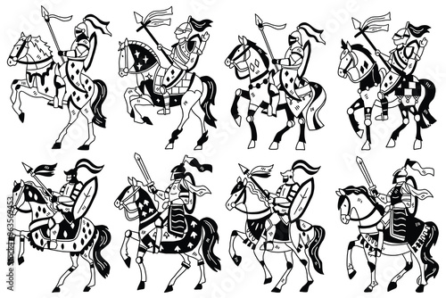 A series of black and white images of knights riding horses