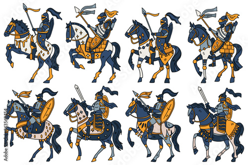 A series of black and white images of knights riding horses