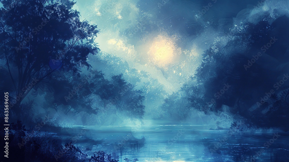 A painting of a forest with a body of water in the foreground A painting of a forest with a body of water in the foreground