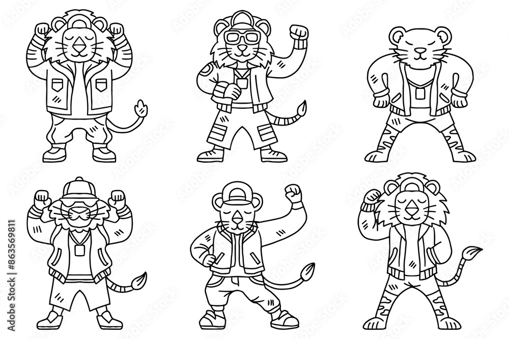 A group of cartoon lion are dressed in clothing and are posing for a picture