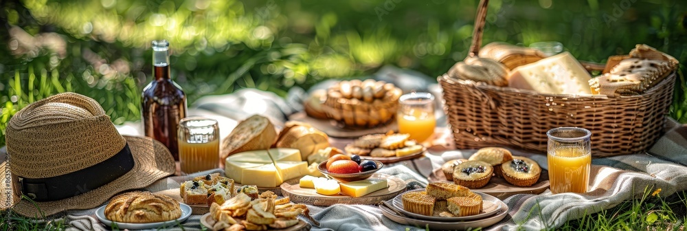 Summer Picnic Basket with Bread, Cheese, Fruit and Drinks. Summer Picnic Basket with Bread, Cheese, Fruit and Drinks.