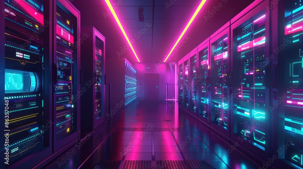 Futuristic server room with glowing neon lights and data processing. Concept of cloud computing, big data, cybersecurity, and technology. Futuristic server room with glowing neon lights and data processing. Concept of cloud computing, big data, cybersecurity, and technology.