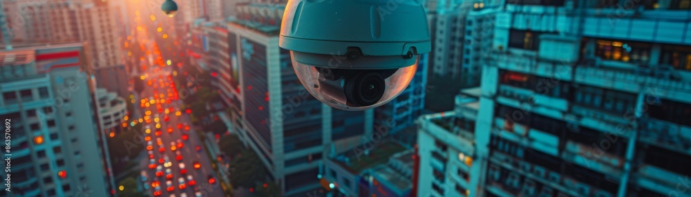 A camera is mounted on a pole in the middle of a busy city street A camera is mounted on a pole in the middle of a busy city street