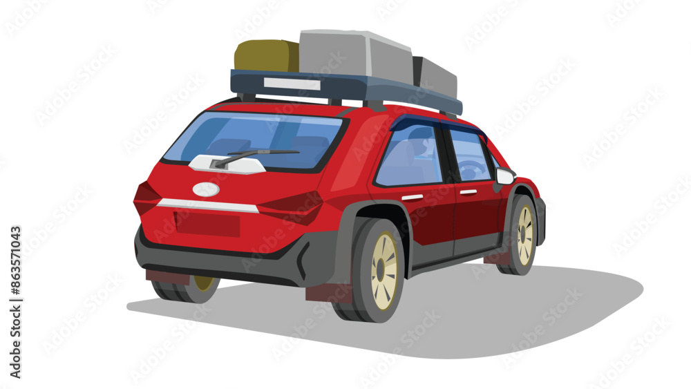 Naklejka premium Perspectives rear side view of SUV red car. With driving man inside car. On the roof of the car there is luggage set up on a rack. Isolated of white background.