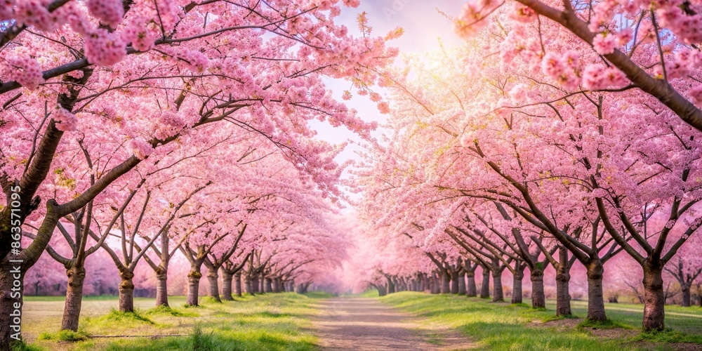 Cherry blossom trees in full bloom during spring, creating a beautiful ...