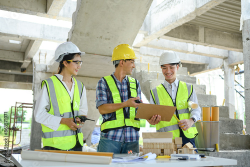 Engineer team and architect planning development details about project at construction site