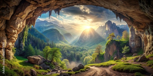Majestic fantasy cave hidden in the mountains, fantasy, cave, mountains, adventure, exploration, magical photo