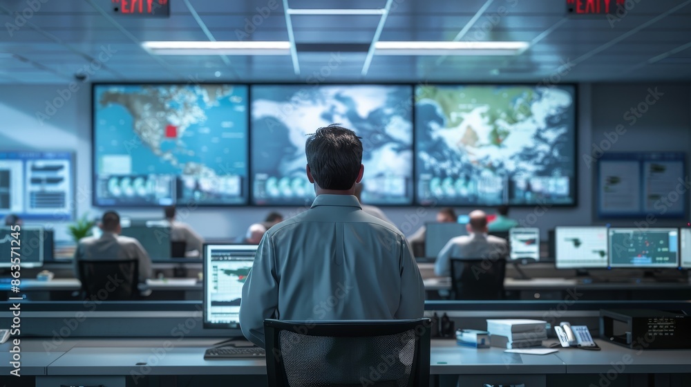 Strategic Planning Disaster Relief Coordinator Analyzing Weather Models and Rescue Operations in Situation Room Strategic Planning Disaster Relief Coordinator Analyzing Weather Models and Rescue Operations in Situation Room
