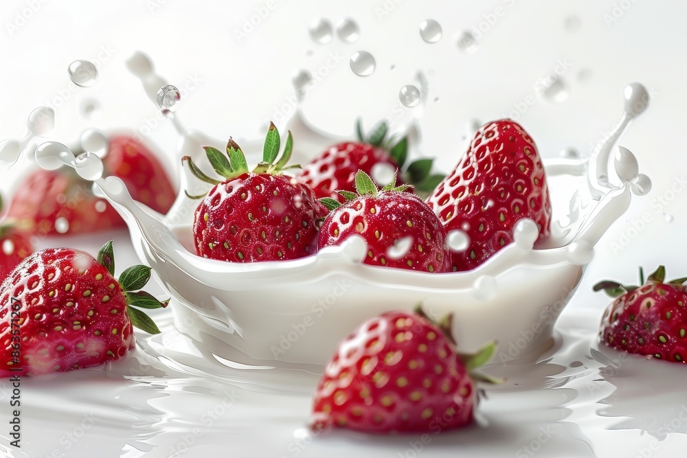 A white bowl with strawberries and milk splashing out of it A white bowl with strawberries and milk splashing out of it