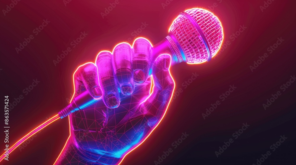 Neon Glowing Hand Holding a Microphone. Music, Concert, and Performance Concept Neon Glowing Hand Holding a Microphone. Music, Concert, and Performance Concept