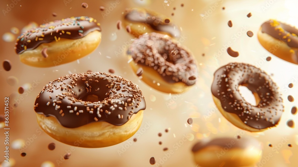 Sprinkle of Joy Vibrant Doughnuts Suspended in Midair with Tempting Chocolate and Vanilla Frosting EyeCatching Stock Image for Sweet Cravings and Celebration Concepts Sprinkle of Joy Vibrant Doughnuts Suspended in Midair with Tempting Chocolate and Vanilla Frosting EyeCatching Stock Image for Sweet Cravings and Celebration Concepts