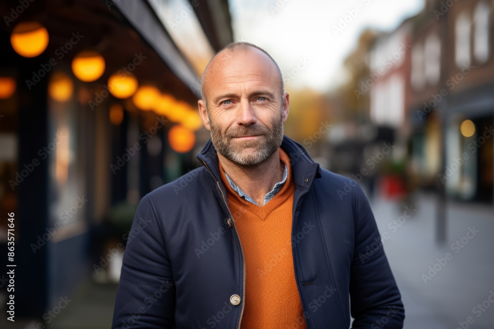 Portrait of a handsome middle-aged man with a beard and mustache in an orange jacket on the street. Portrait of a handsome middle-aged man with a beard and mustache in an orange jacket on the street.