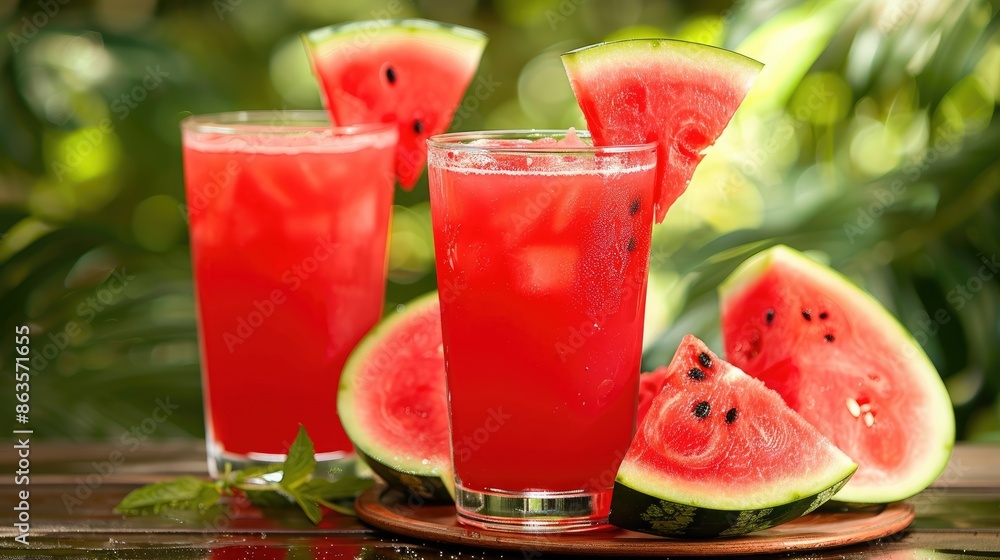 Refreshing watermelon beverage served in cups with a juicy slice Refreshing watermelon beverage served in cups with a juicy slice