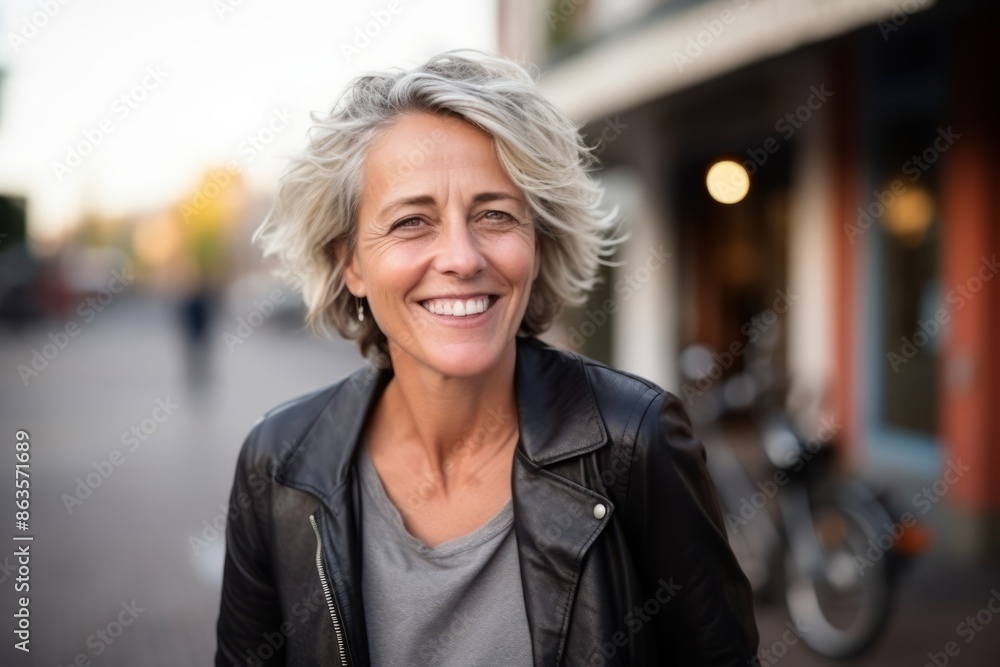 Portrait of a happy mature woman smiling at the camera on a city street Portrait of a happy mature woman smiling at the camera on a city street