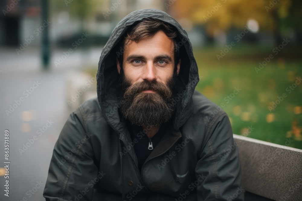 handsome bearded man with long beard and moustache on serious face in black jacket on autumn street handsome bearded man with long beard and moustache on serious face in black jacket on autumn street