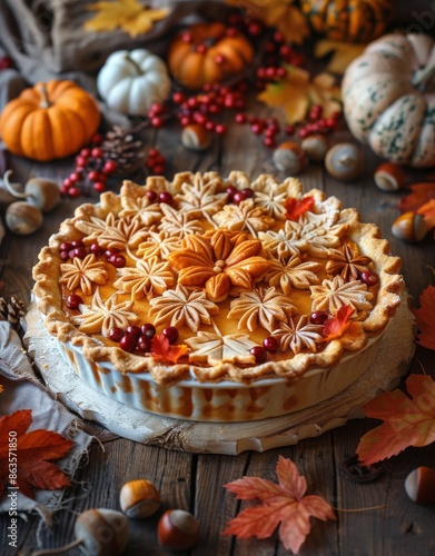 Autumn Leaf Decorated Pumpkin Pie on Rustic Tabletop photo