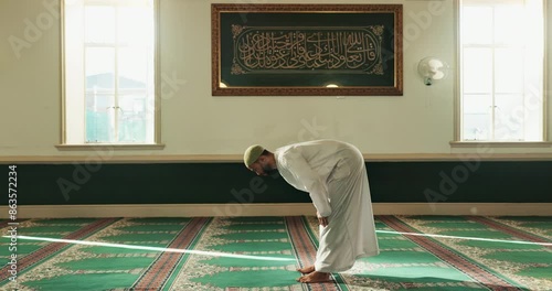 Muslim man, hope or praying to worship in Mosque for Palestine, gratitude or support to Allah in holy temple. Dua, Islamic and spiritual person bowing to ask God on Ramadan Kareem in Saudi Arabia