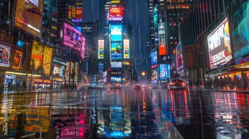 Rainy night in New York City Times Square with vibrant billboards, reflections, and bustling crowds. Concept of urban life, entertainment, and tourism © Lisa_Art
