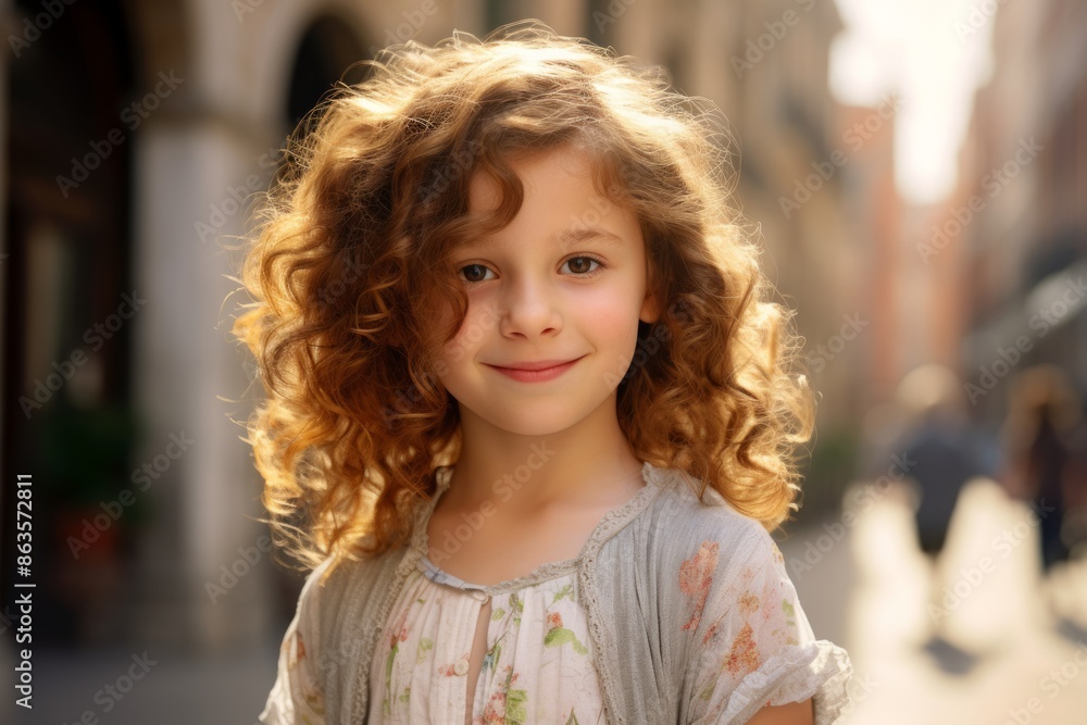 Portrait of a beautiful little girl with curly hair in the city Portrait of a beautiful little girl with curly hair in the city