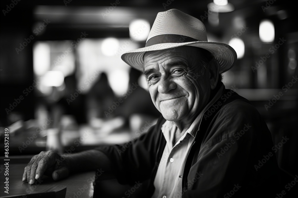 Portrait of a senior man sitting in a bar. Black and white. Portrait of a senior man sitting in a bar. Black and white.