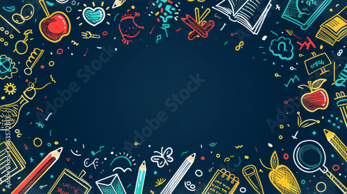 A digital illustration of various school supplies, such as pencils, books, and apples, drawn in colorful chalk on a blue chalkboard. surrounds a blank space in the center, perfect for adding text