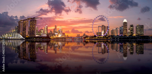 Canvas Print Singapore city, sunset and sunrise Downtown of Singapore is office buildings and